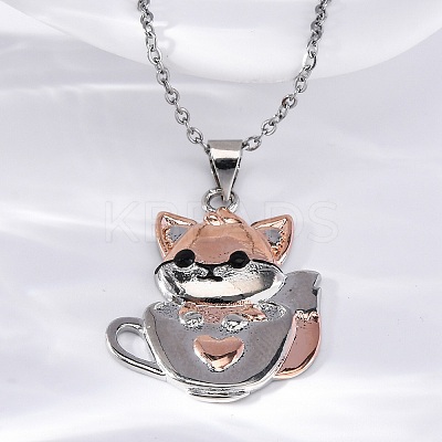Brass Cute Cup Fox Pendant Cable Chain Necklaces for Women NJEW-C067-03P-1