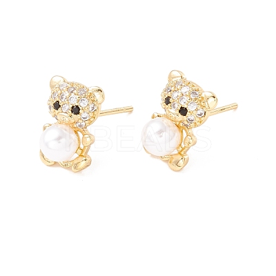 Cubic Zirconia Bear Stud Earrings with Acrylic Pearl EJEW-F282-26G-1