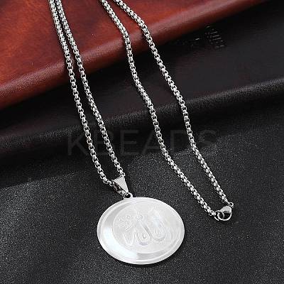 201 Stainless Steel Flat Round with Arabic Pendant Box Chain Necklaces for Women Men LS-NJEW-R013-03P-1