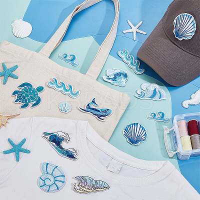 22Pcs 11 Styles Ocean Theme Polyester Embroidery Sew on Cloth Patches PATC-GA0001-80-1
