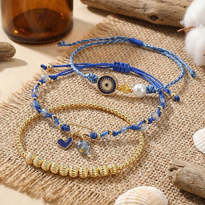3Pcs 3 Styles Brass & Glass Beads Charm Bracelet Set EY6397-2-1