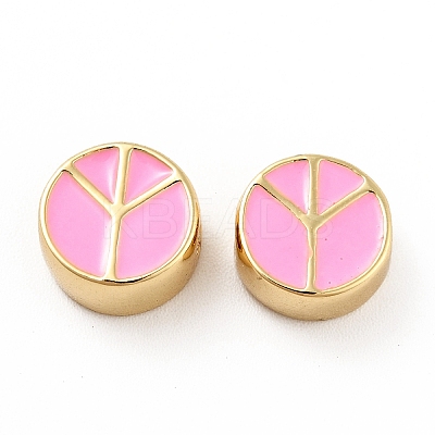 Flat Round with Peace Sign Brass Enamel Beads KK-G419-05G-03-1