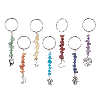 Chakra Gemstone Chip Keychains with Glass Seed Beads KEYC-JKC00473-1