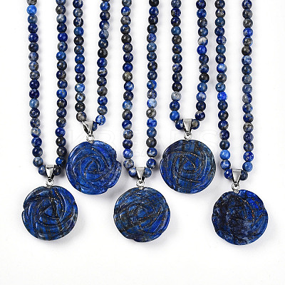 Natural Lapis Lazuli 4.5mm Round Beaded Flower Pendant Necklaces NJEW-T016-04C-1
