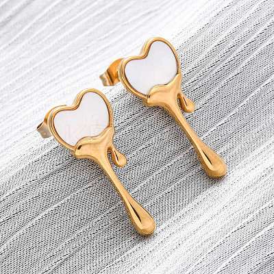 304 Stainless Steel Natural White Shell Stud Earrings EJEW-Z118-01G-1