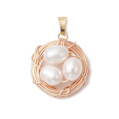 Natural Cultured Freshwater Pearl Copper Wire Wrapped Bird Egg Nest Pendants PALLOY-TA00228-02-1