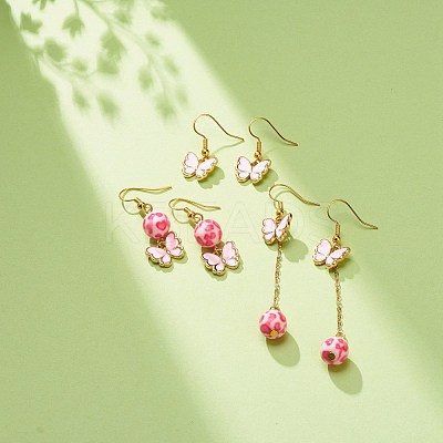 3 Pairs 3 Style Pink Alloy Enamel Charms & Resin Beads Dangle Earrings EJEW-JE05030-01-1