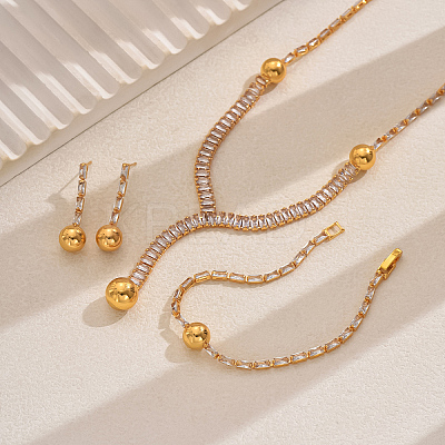 Round Brass Pave Cubic Zirconia Stud Earrings & Necklaces & Bracelets Sets for Women's Banquets and Weddings TZ4206-1