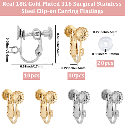 20Pcs 2 Colors 316 Surgical Stainless Steel Clip-on Earring Findings STAS-BBC0008-58A-1