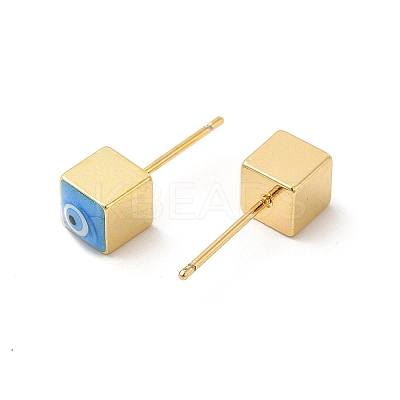 Long-Lasting Plated Cube with Enamel Evil Eye Stud Earring EJEW-E272-01G-1