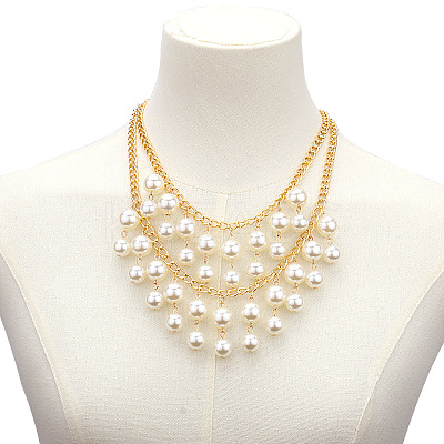 Alloy & Plastic Imitation Pearl Round Beaded Double Layer Tassel Bib Necklaces for Women FS-WG430C8-03-1