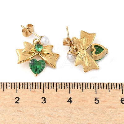 304 Stainless Steel Micro Pave Cubic Zirconia Bowknot Dangle Stud Earrings LS-EJEW-U065-03G-02-1