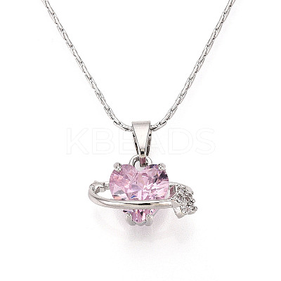 304 Brass Cubic Zirconia Heart Pendant 304 Stainless Steel Chain Necklaces NJEW-T018-01P-1