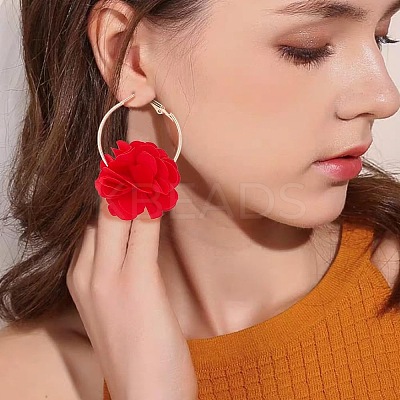 4 Pairs 4 Colors 3D Flower Cloth Hoop Earrings EJEW-AN0003-69-1