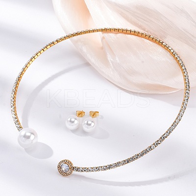 Round Plastic Imitation Pearl Stud Earrings & Cubic Zirconia and Rhinestone Cuff Choker Necklaces Sets SJEW-U003-03G-1