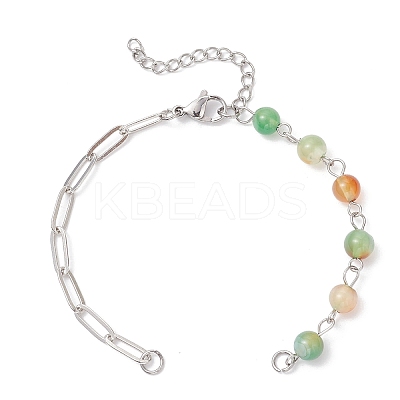3Pcs 3 Styles Round Dyed Natural Red Agate & Peacock Green Agate & Carnelian & Brass Paperclip Chain Bracelet Making AJEW-JB01425-1
