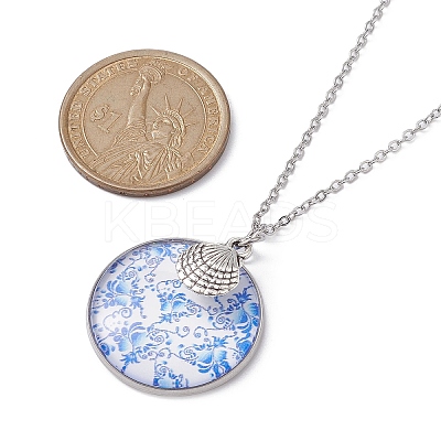 Steel Blue Glass Flat Round & Alloy Pendant Necklace NJEW-JN04453-01-1
