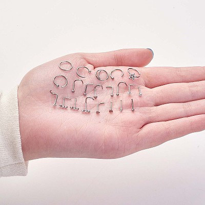 21Pcs 21 Style Clear Cubic Zirconia Flower & Flat Round & Heart Nose Studs & Rings Set JX527B-1