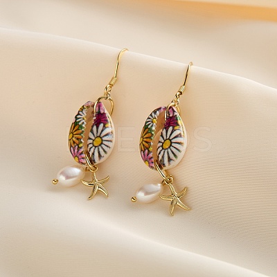 925 Sterling Silver Shell Shape with Starfish Dangle Earrings EJEW-M096-02G-1