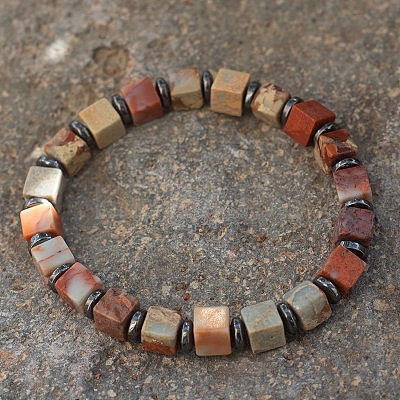 Cube Natural Shoushan Stone & Synthetic Non-magnetic Hematite Beads Stretch Bracelets for Women Men PF6426-2-1