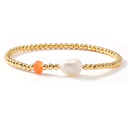 Brass & Natural Carnelian & Imitation Pearl Beads Stretch Bracelets for Women DR0558-11-1