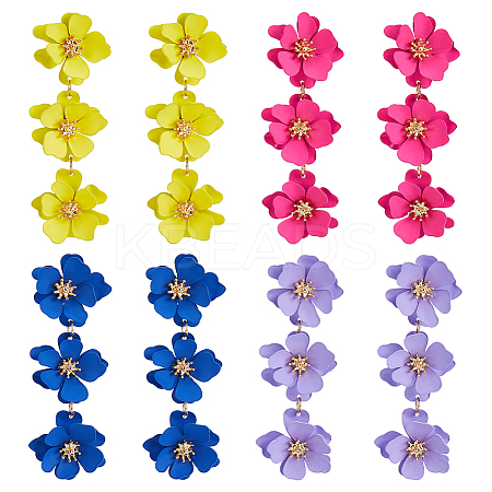 FIBLOOM 4 Pairs 4 Colors Alloy Flower Dangle Stud Earrings for Women EJEW-FI0002-99-1