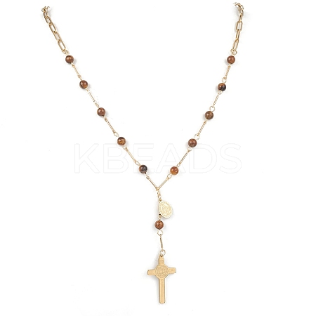 Natural Tiger Eye Round Rosary Bead Necklaces NJEW-JN05574-02-1
