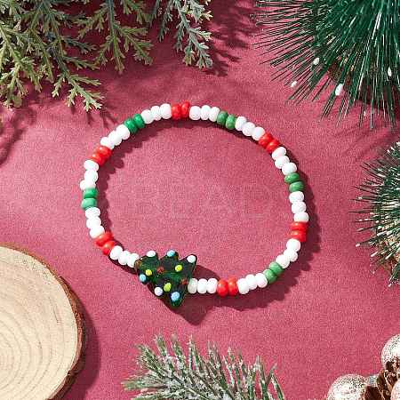 Christmas Glass Seed & Handmade Lampwork Beads Stretch Bracelets for Women BJEW-MZ00197-02-1