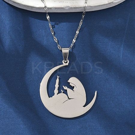 201 Stainless Steel Moon with Woman Pendant Necklaces for Ramadan & Eid Mubarak NJEW-D318-02P-1