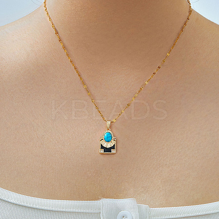 Brass Clear Cubic Zirconia and Black Enamel Rectangle with Oval Pendant Necklaces for Daily Wear AY5004-1-1