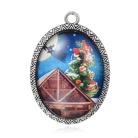 Christmas Tree Photo Glass Oval Big Pendants PALLOY-J695-02AS-1