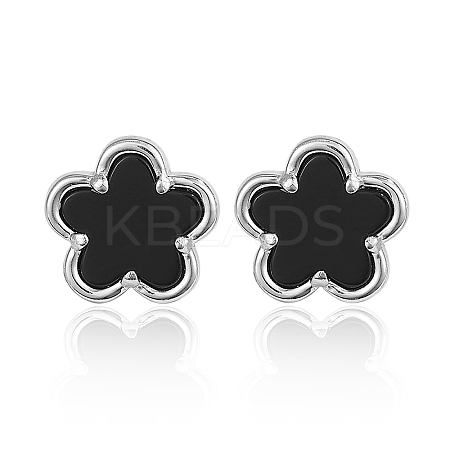 925 Silver Black Agate Flower Stud Earring JT8400-2-1