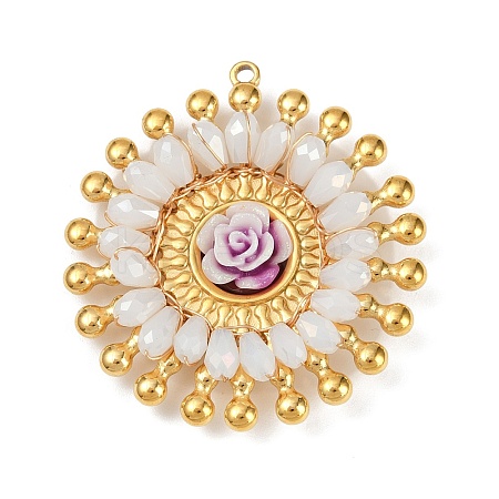 304 Stainless Steel and Resin Flower Pendants STAS-R170-03G-03-1