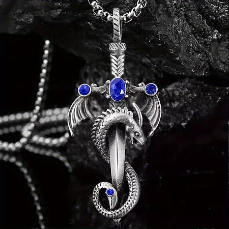 Alloy & 201 Stainless Steel & Rhinestone Dinosaur Wrapped Sword Pendant Necklaces for Men FS-WGFE8C1-06-1