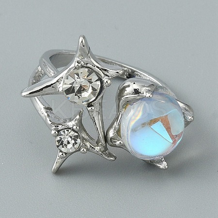 Resin Half Round & Crystal Rhinestone Star Open Cuff Ring RJEW-TAC0007-02C-P-1