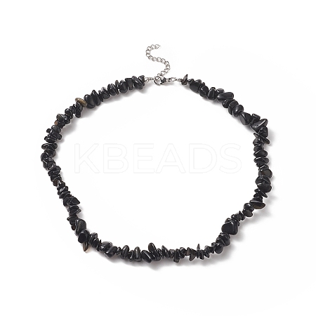 Natural Obsidian Chip Beaded Necklaces with 304 Stainless Steel Lobster Claw Clasp & Chain Extender NJEW-JN04225-03-1