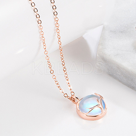 Flat Round with Antler Shape Brass Natural Moonstone Pendant Necklaces for Women WG9EF84-06-1