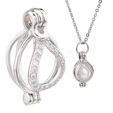 1Pc Rhodium Plated Sterling Silver Bead Cage Pendants STER-HS0001-18-1