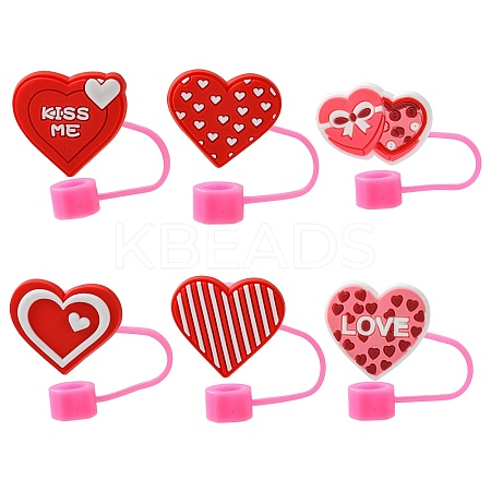 12Pcs 6 Styles Valentine's Day Theme PVC & Silicone Dustproof Straw Cap AJEW-CJ0001-26-1