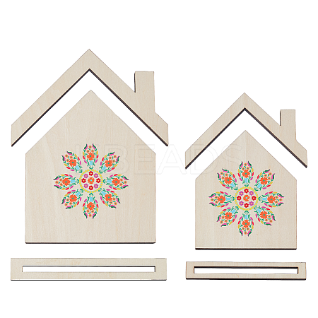 2Pcs 2 Styles House Shaped Wood Embroidery Display Card Holders ODIS-FH0001-19-1