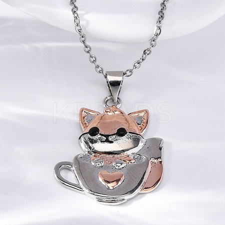 Brass Cute Cup Fox Pendant Cable Chain Necklaces for Women NJEW-C067-03P-1