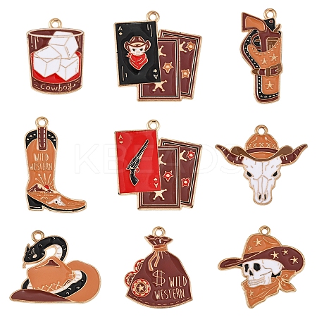 18Pcs 9 Styles Western Cowboy Hat Boots Money Bag Skull Alloy Enamel Pendants FIND-FS0003-91-1