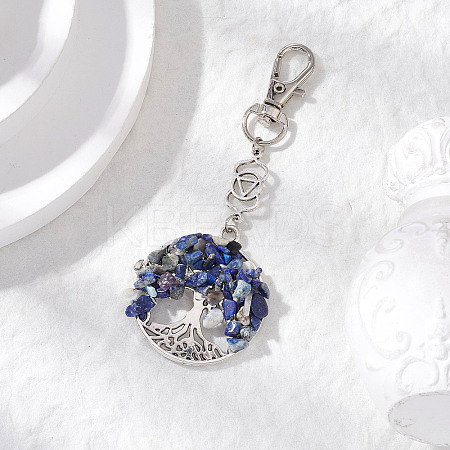 Natural Lapis Lazuli Chips Beads & Alloy Tree of Life Pendant Decorations HJEW-JM03128-02-1