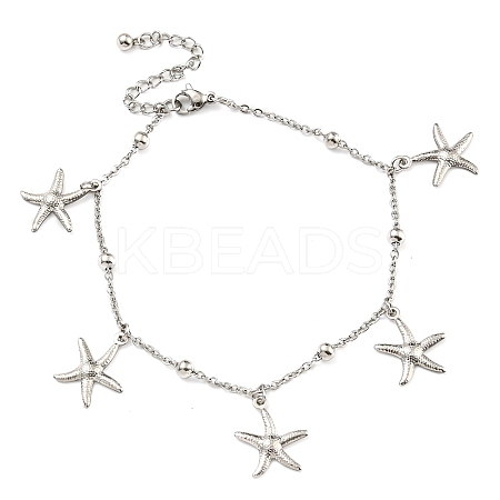 Non-Tarnish Summer Beach 304 Stainless Steel Cable Chain Starfish Charm Bracelets BJEW-P334-02P-1