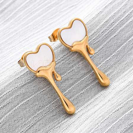 304 Stainless Steel Natural White Shell Stud Earrings EJEW-Z118-01G-1