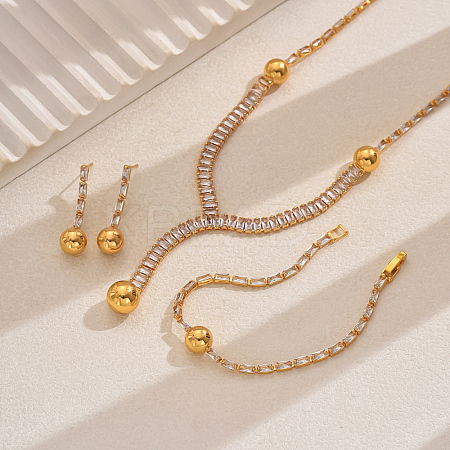 Round Brass Pave Cubic Zirconia Stud Earrings & Necklaces & Bracelets Sets for Women's Banquets and Weddings TZ4206-1