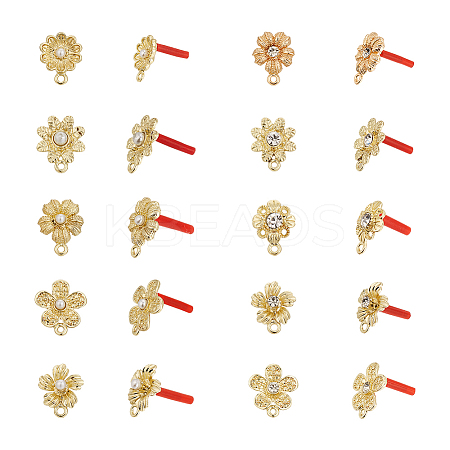 20Pcs 10 Styles Rack Plating Golden Alloy with Rhinestone and ABS Pearl Stud Earring Findings EJEW-UN0002-38-1