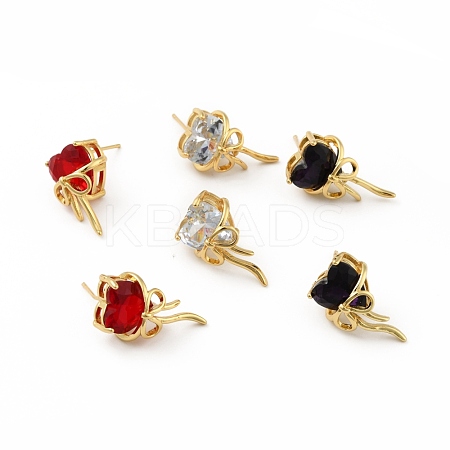 Cubic Zirconia Heart with Bowknot Stud Earrings EJEW-B013-10G-1