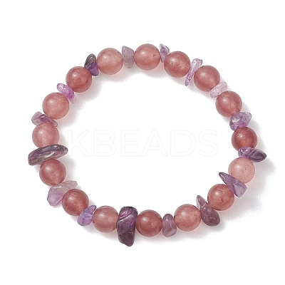 Natural Amethyst Chip & Natural Strawberry Quartz Round Beaded Stretch Bracelets for Women BJEW-JB13279-01-1