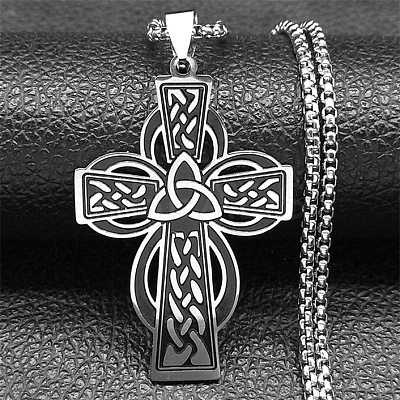 Viking 201 Stainless Steel Black Enamel Box Chain Trinity Knot Cross Pendant Necklaces for Men NJEW-S003-07P-1